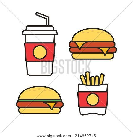 Fast Food Snacks And Drinks Flat Vector Icons. Fastfood Icons. S
