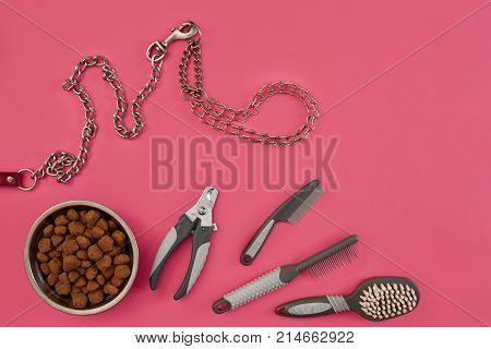 Dog accessories on pink background. Top view. Pets and animals concept. Still life. Copy space. Flat lay