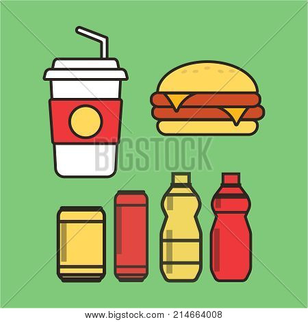 Fast Food Snacks And Drinks Flat Vector Icons. Fastfood Icons. S