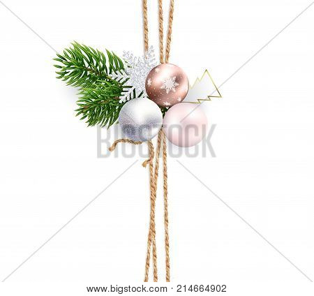 Vertical strips of linen cords for Christmas decorations, cards, packaging, background. Decoration or bouquet of composition of Christmas tree branches, toys and snowflakes on top. Realistic vector.