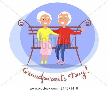 Grandparents day poster with senior couple sitting on bench together, old husband and wife together vector illustration postcard in circle on white
