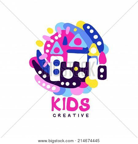 Kids creative logo design template, colorful labels for kids club, center, school, art studio, toys shop and any other childrens projects hand drawn vector illustration isolated on a white background