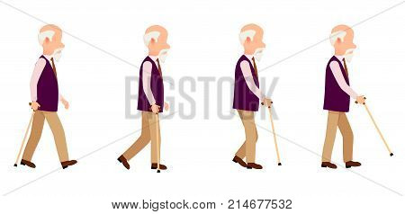 Aged person with cane long thin stick with curved handle that can be use to help walk. Man process of movement colorful vector illustration