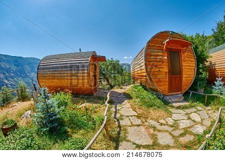 HALIDZOR, ARMENIA - 03 AUGUST 2017: Harsnadzor Eco Resort cottages near Tatev Monastery