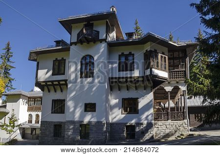 Fragment of beauty renovate ancient  palace in the old park Tsarska or Royal Bistritsa  near by  resort  Borovets, Rila mountain, Bulgaria