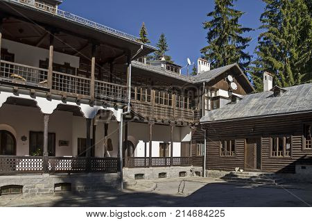 Fragment of beauty renovate ancient  palace in the old park Tsarska or Royal Bistritsa  near by  resort  Borovets, Rila mountain, Bulgaria