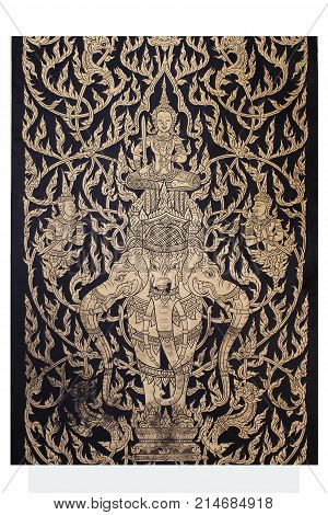 wooden carving sclupture of Ramakien Performance ride three heads of elephant in the middle of heaven forest isolated on white backgrounds, home decoration, thai culture crafting