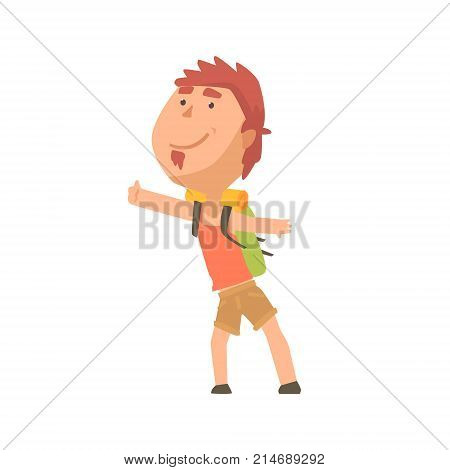Cartoon male traveler hitchhiker, man trying to stop a car on a highway by hand, travelling by autostop vector Illustration on a white background