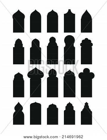 Arabic arch windows and doors in traditional islamic style black silhouettes. Illustration of black silhouettes door and window isolated on white background