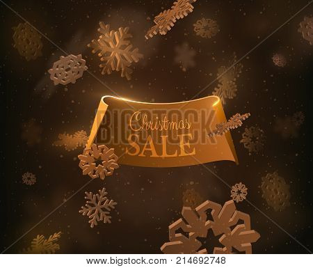 Winter golden background for Christmas sale or clearance greeting card with paper ribbon and falling snow. Vector eps10.
