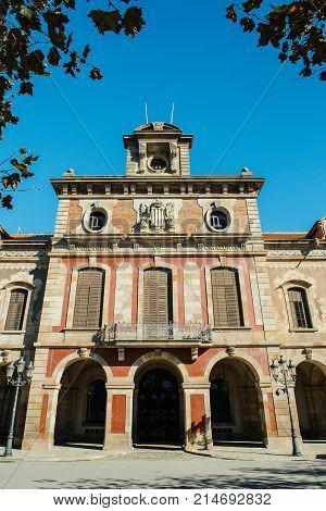 Facade of the Parliament of Catalonia - Parlament de Catalunya building in classical Spanish architecture