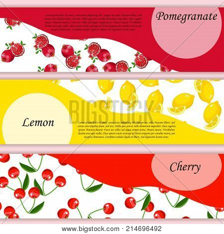 Colorful vintage Cherry, pomegranate, lemon label, banner or poster. Vector square label, cherry jam, sauce or juice label. healty fruits or vegetarian food