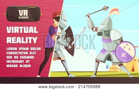 Virtual reality glasses advertisement poster with medieval ridder in armor duel with player scene cartoon vector illustration