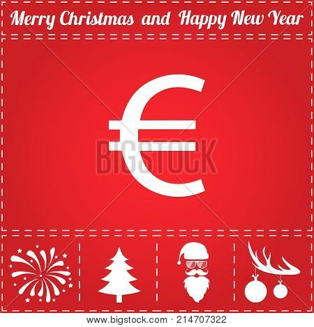 Euro Icon Vector. And bonus symbol for New Year - Santa Claus, Christmas Tree, Firework, Balls on deer antlers