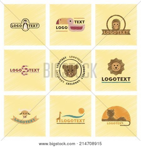 assembly flat shading style icons of logo bear lion giraffe penguin snake monkey bird bull