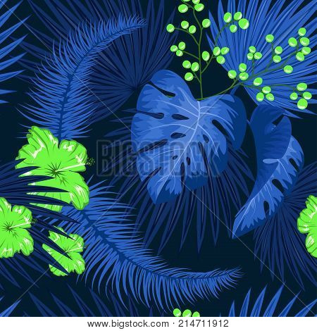 UV ultra violet luminous neon light effect pattern. Seamless repeating jungle rainforest plants, flowers and fern background, retro techno acid styling.