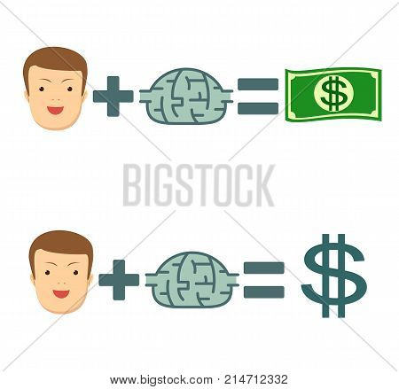 Man plus brain equal money. Money and ideas make you happy and rich. Stock flat vector illustration.
