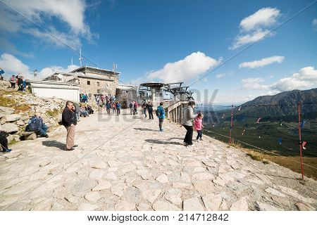 KASPROWY WIERCH POLAND-SEPTEMBER 18: Cable car carries passengers from Zakopane to Kasprowy Wierch peak on Septomer 18 2017 in Zakopane Poland. This cable car built in 1936 was the first of its kind in Poland