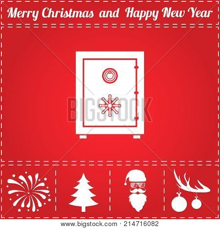 Bank safe Icon Vector. And bonus symbol for New Year - Santa Claus, Christmas Tree, Firework, Balls on deer antlers