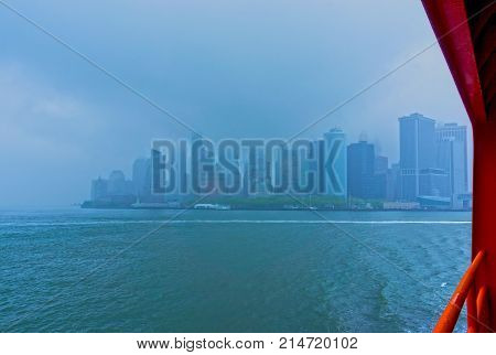 New York City from Ferry at rainy day