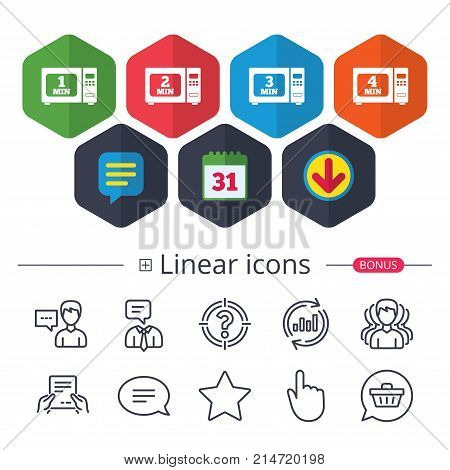 Calendar, Speech bubble and Download signs. Microwave oven icons. Cook in electric stove symbols. Heat 1, 2, 3 and 4 minutes signs. Chat, Report graph line icons. More linear signs. Editable stroke