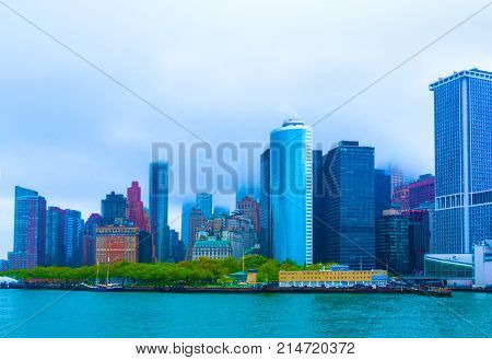 New York City from Ferry at rainy day