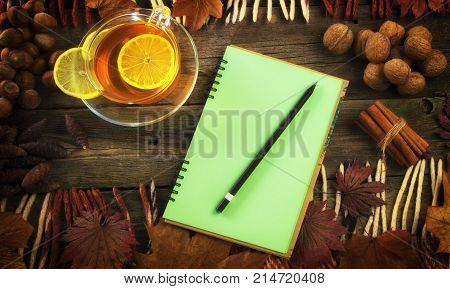 A cup of tea and a notebook on the background of an old tree. Autumn still life.