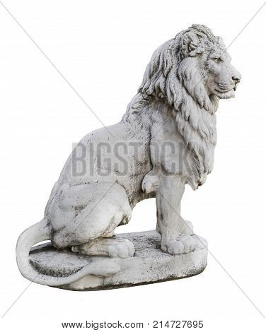Portrait of a noble and regal male lion stone statue isolated on a white background