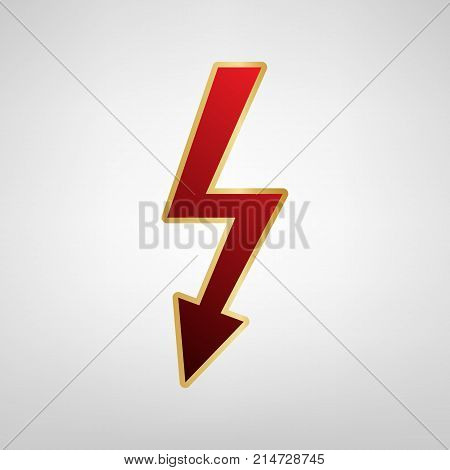 High voltage danger sign. Vector. Red icon on gold sticker at light gray background.
