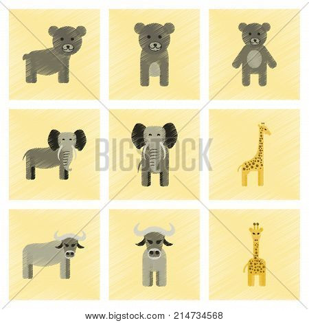 assembly flat shading style icons of giraffe bull bear elephant