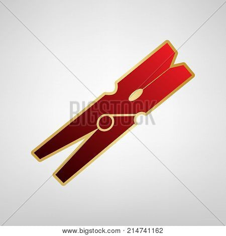 Clothes peg sign. Vector. Red icon on gold sticker at light gray background.