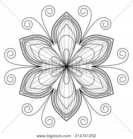 Ornamental fantasy doodle flower isolated on white background. Black outline mandala. Floral circle element. Vector illustration.