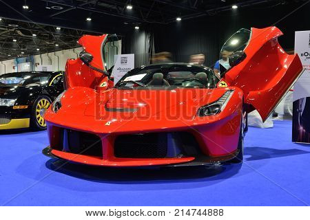 DUBAI UAE - NOVEMBER 18: The Ferrari LaFerrari sportscar is on Boulevard of Dreams on Dubai Motor Show 2017 on November 18 2017