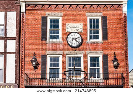 Bar Harbor, Usa - June 8, 2017: Old Brick Building In Downtown Village In Summer With Clock Time, Mo