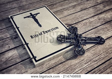 3d Illustration of an exorcism book on wooden floor