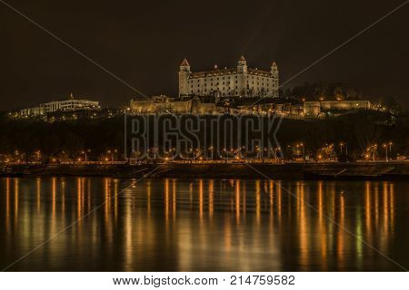 Bratislava in autumn color night near Dunaj river
