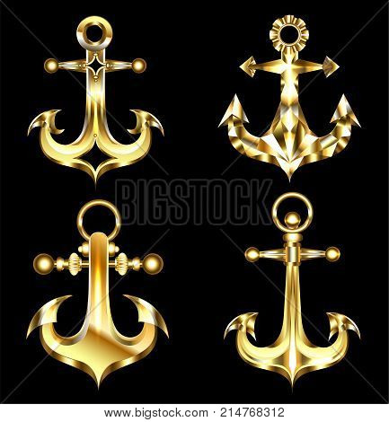 Set of jewelry shiny gold anchors on a black background. Gold anchor.