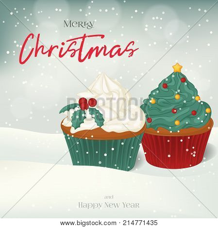 Christmas greeting card background poster with sweet cupcakes in the snow. Winter scene. Vector illustration. Holiday Collection.