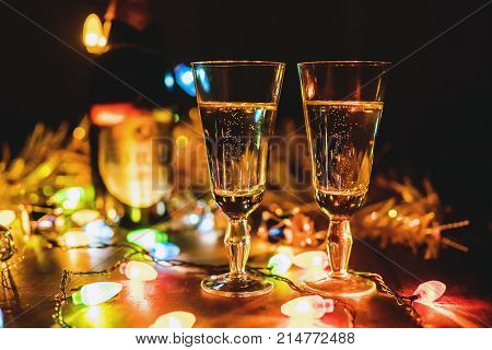 Two Sparkling Champagne Glasses New Year Celebration Christmas