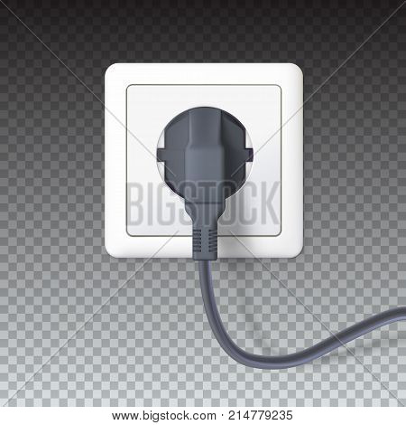 Realistic black plugs inserted in electrical outlet, isolated on transparent background. Electric plugs and socket. 3D illustration. Icon of device, connecting electrical appliances, equipment
