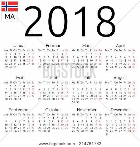 Calendar 2018, Norwegian, Monday