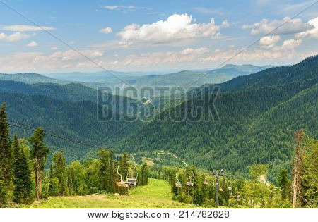 View From Kokuya Mountain And Chairlift Ski Lift. Altai Republic. Russia