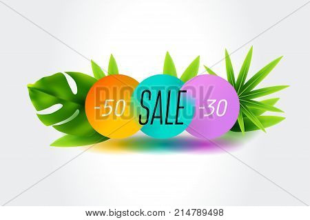 Summer sale discount End of season banner design with tropical foliage vector illustration background. Can used for gift voucher poster advertising social media