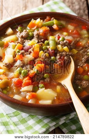 Vegetable Soup With Ground Beef Close-up In A Bowl. Vertical