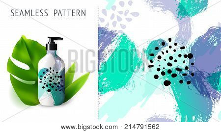 Summer seamless patterns demonstrated on mockup installation with bottle. Can be used for embroidery print or silkscreen on fabric. eps10