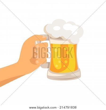 Hand with traditional glass of beer with white foam and bubbles vector isoated illustration. Light alchoholic beverage in transparent mug with handle
