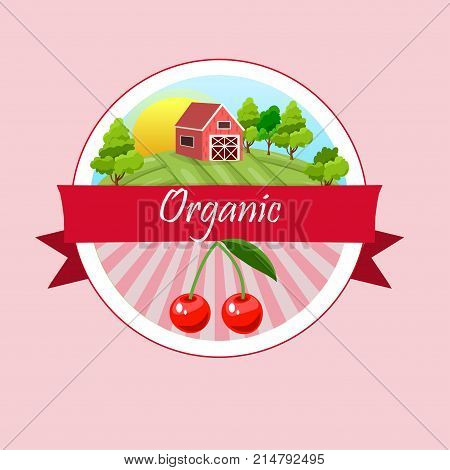 Colorful vintage Cherry label poster. Vector round label with yummy cherry and farm  on meadow in sunset