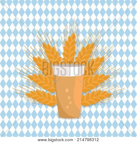 Pint of dark beer in transparent glass vector illustration on checkered backdrop with ears of wheat on background. Light alcohol drink with bubbles