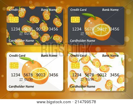 Bank credit card design with sweet oranges. Original credit or debit card design with orange. Great idea for credit or gift card design