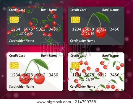 Bank credit card design with sweet cherry. Original credit or debit card design with cherry. Great idea for credit or gift card design